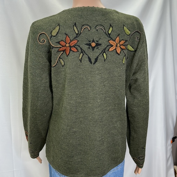 Peruvian Link Green Sweater Metal Clasps Embroidered Floral Alpaca Blend SZ M - Picture 6 of 16